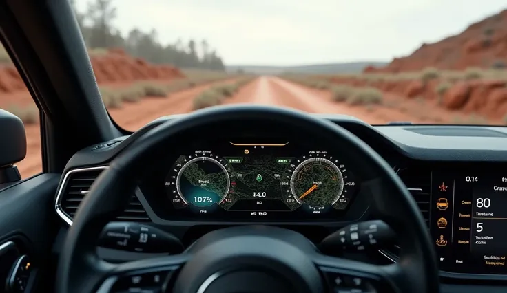 The **digital instrument cluster** with the truck in off-road mode, showing real-time terrain data