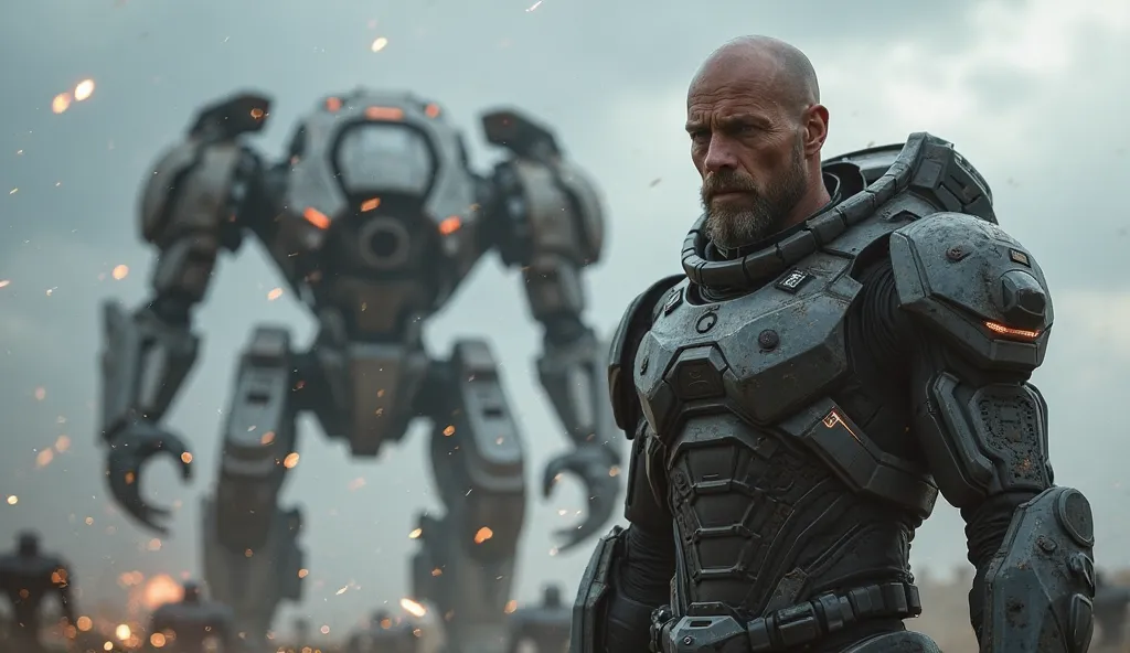 A bald man, dressed in a sleek, tactical exo-suit, stands at the forefront of a futuristic battlefield. The exo-suit is advanced and heavily armored, with metallic plating and glowing accents in a dark, gritty color palette. His face is weathered and deter...