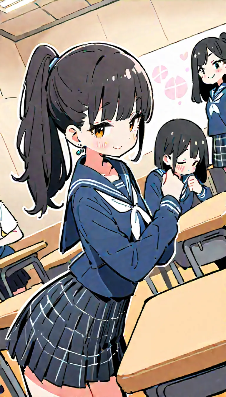 (beautiful girl : 1.3),4 girls,(sailor suit,plaid skirt,earrings,scouter), black hair,ponytail,smile, is embarrassing,blush,classroom, moving,Dynamic Angle,masterpiece,Highest quality,super high definition,Rich Contrast,high image quality,8k,High Definitio...