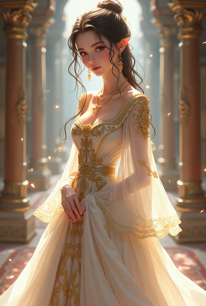 Anime theme, young lady, medieval royal dress, white colour dress with golden patterns, standing, pretty, royal