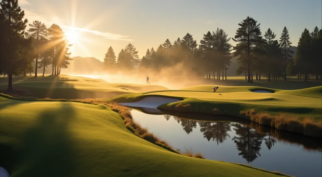 Water fog , golf course, Backlight, Picture quality , 8k, Realistic expression 