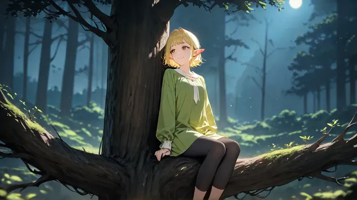  huge _very high resolution, high resolution, 걸작, recent, 1 female, short hair, yellow hair, light smile, Elf, green dress, black leggings,  soft_light,  blurry , Magnificent Woodland Landscape, Panoramic View, high resolution background, background center...