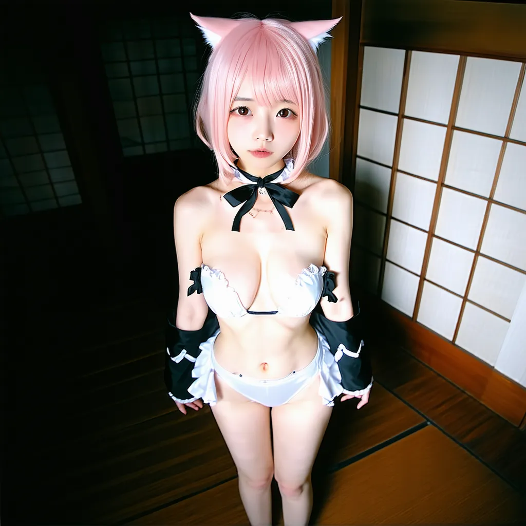 Photorealism. Full body shots. High angle. Background is a Japanese tatami room in the dark light of the night. Selfie of a  school girl with skinny thighs, cat ears, short hair, shiny pink hair and flat chest wearing a Japanese maid outfit bikini in gothi...