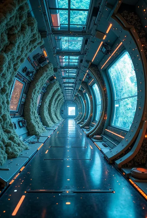 A futuristic, sleek hallway within the Aergis ZETA-Class Spaceship, blending organic and mechanical elements. The walls are a fusion of living bio-organic material, glowing softly with a bioluminescent blue light, and reinforced metallic plating. The light...