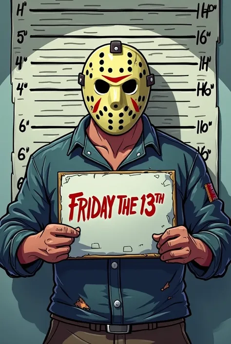 Jason Voorhees, the iconic killer of 'Friday the 13', standing in a police arrest room, holding an identification sign for a mugshot. He wears his classic hockey mask, with scratches and marks of use, and his dirty and torn clothes. His posture is rigid an...