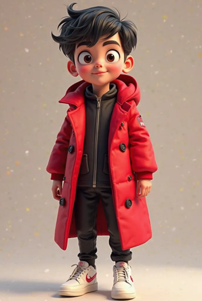 Animated avatar wearing a red coat, black pants and white sneakers