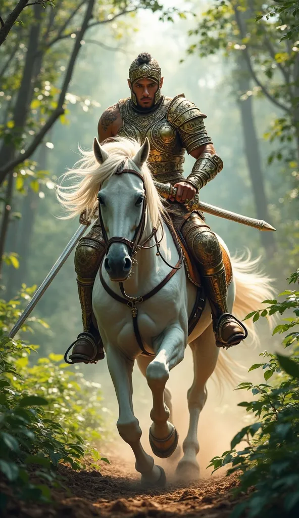 A rajpoot, wearing armour, a मस्कुलर body , sword in hand , white horse in running fast , ghana jungle around , 