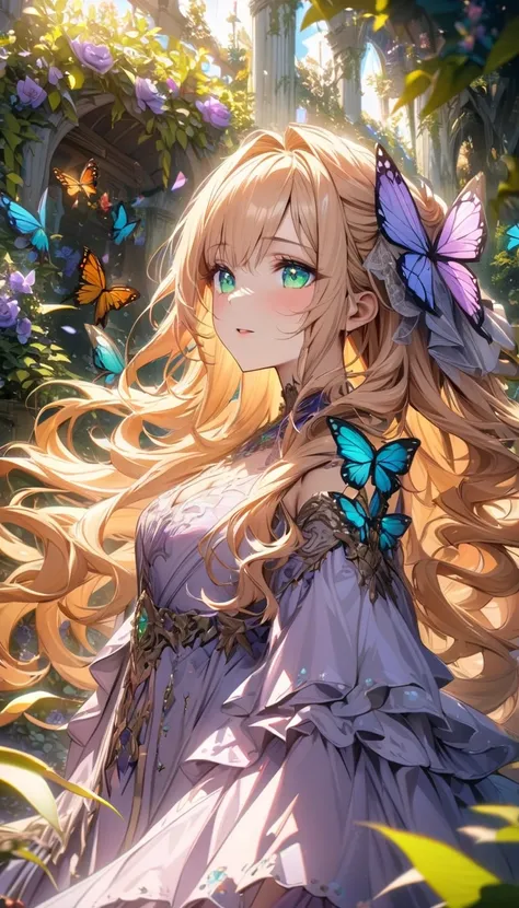 Ultra detailed, HDR, Highres, absurdres, master piece, beautiful young woman, princess, long light orange hair ,aqua green eyes, extremely detailed face and eyes. Light complexion. Gorgeous light purple dress. Garden, butterflies. 