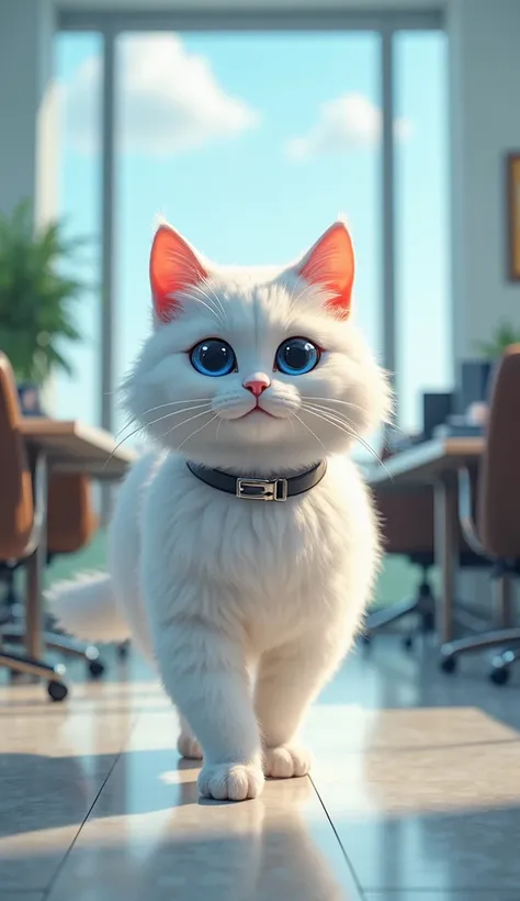 A white Persian cat with blue eyes, always looking elegant and graceful enters in a company  office for an interview  3d cartoon