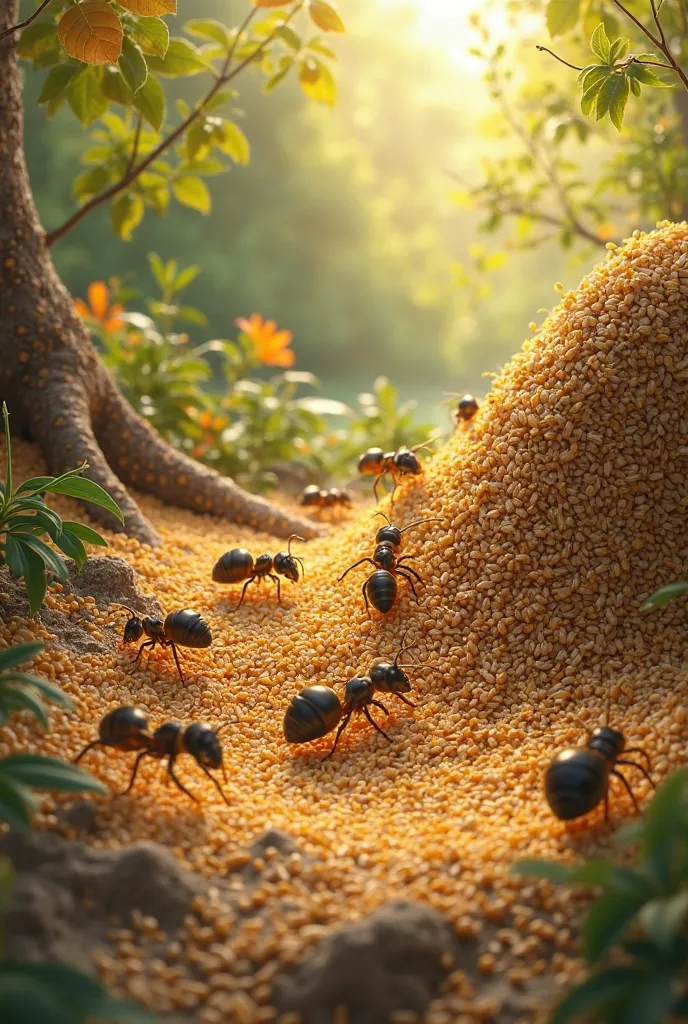 A family of ants were bustling about in the warm sunshine drying out the grain they had stored up during the summer