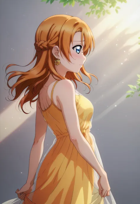 anime style, love live,kousaka honoka , love live, blue eyes, orange hair,earrings, (blushing) , standing, from side, gentle expression. Wearing yellow summer dress,thin see through fabrics,body shape visible through clothes,back sun lighting,dawn