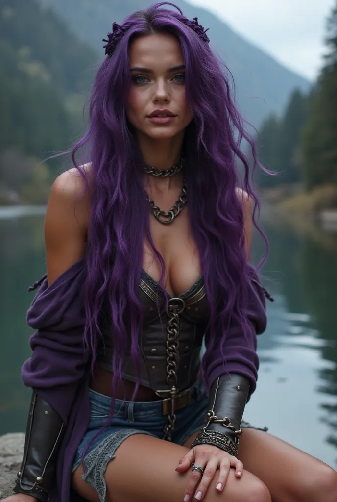 Realistic, photographic, cinematic, imperfections, high resolutions

2 sisters, one girl sitting, one girl laying down 

1 woman {{{Russian, Nordic, Celtic, Scandinavian, (((long wavy purple hair, long purple layered hair, dark purple messy hair, side brai...