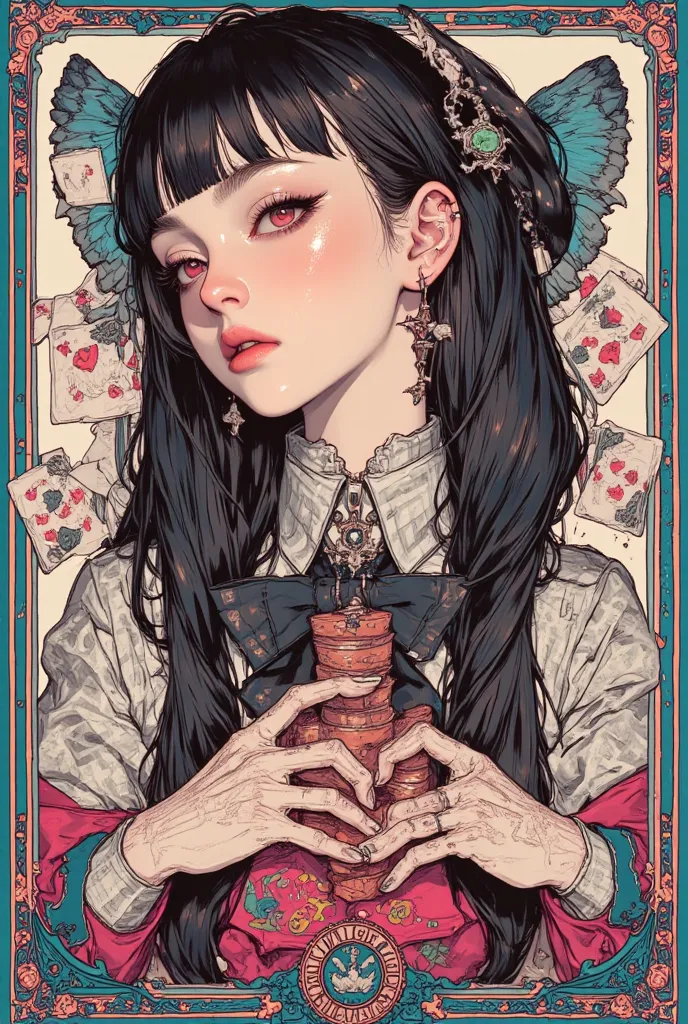 Long and short hair in random colors   ,    collar and bow tie  ,   feminine gothic aesthetics    , Close up details, Detail shot,    with clear details  ,   Artilove blow style      , Silkscreen Art   ,     check shirt  ,   Extra Fine Ink details   ,     ...