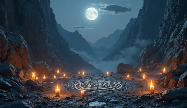 A place illuminated by strange candles and carved symbols on the ground between the mountains at night illuminated by the moonlight