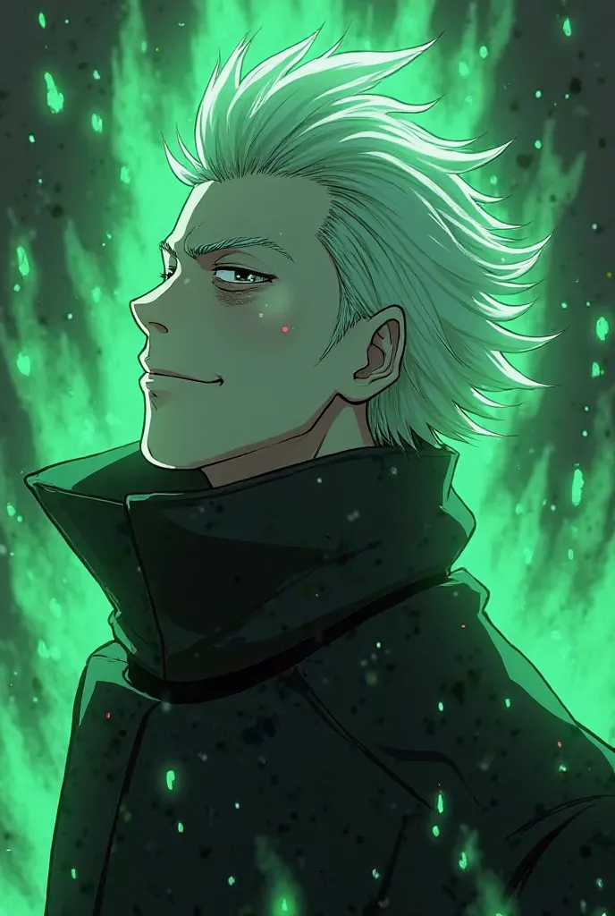 Create an anime character that uses ghostly powers (Green a bit neon) white hair combed backwards, You wear an elegant but lethal black coat and your expression is determined and a bit snobby, masculine, sorrindo de uma forma arrogante