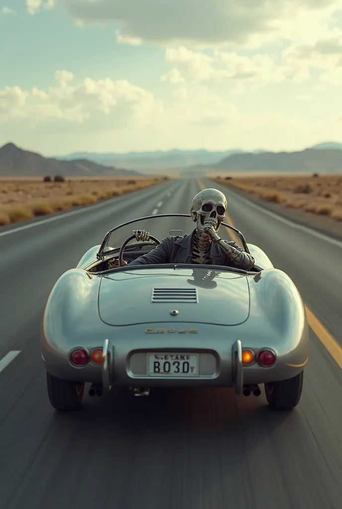 a skeleton driving a porsche 550 spyder with james dean on a lonely highway in the united states