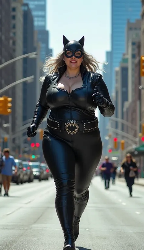 "An extremely plus-size Catwoman in her sleek black leather suit with cat ears runs down a busy city street. She has an extremely large, rounded physique with massive curves, her leather suit stretched tightly over her exaggeratedly wide hips, thick legs, ...