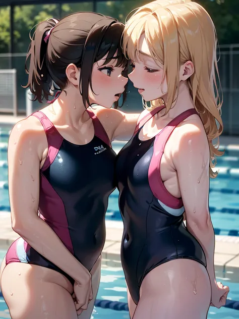 2girls:1.9, Lesbian Girls, yuri, yuri kiss,  kiss between lovers :1.7, Girls who entangle each other's tongues,  Swapping Drool , Embrace each other,  sweated, hug,  on tree branches drool, ((((( , Female swimmer ,  competitive swimsuit, ))))), Locker room...