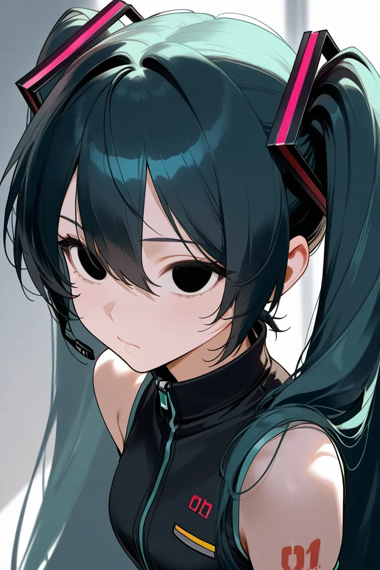 Hatsune Miku emo with black hair and black eyes