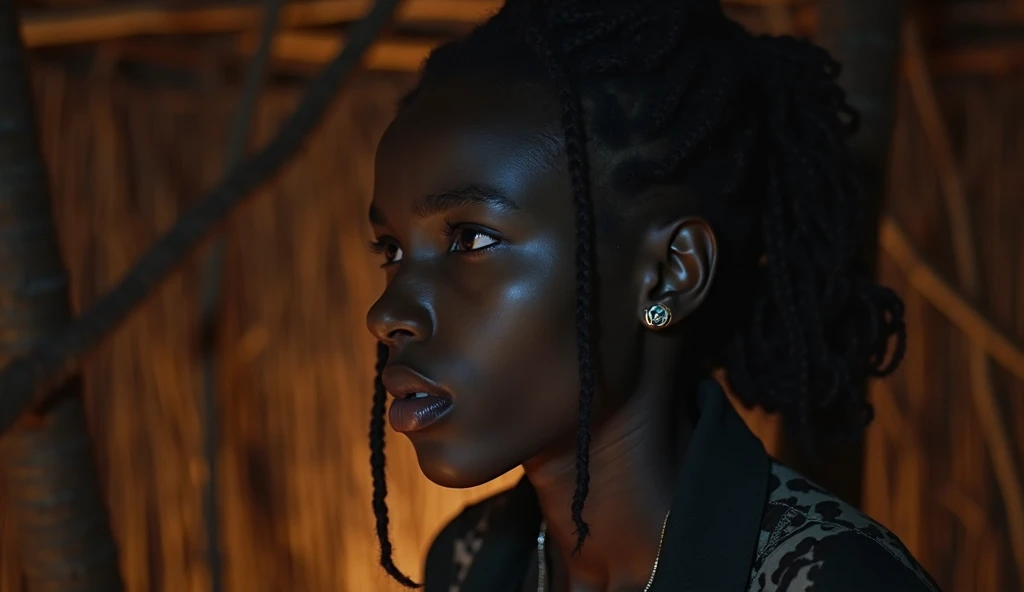 In the night Inside a dimly lit African hut.  Amanda,, an adolescent black girl, has high cheekbones, small nose, full lips, and a bright piercing blue eyes, face filled with fear and terror as she replies her father.

Camera Angle: A cinematic Shoulder le...