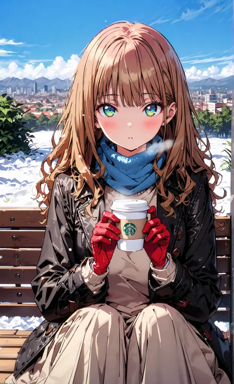  Minami Yume, long hair, brown hair, green eye, bangs,Medium breast,blush,opening from the front,white breath, duffle coat, half up do,(sweater  :1.2),( turtleneck:1.2),blue scarf , white long skirt, Bbo~,red gloves ,sitting on a bench,I'm holding a coffee...