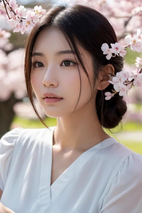 A serene and gentle Asian woman, with long hair tied back in a loose bun, looking up at the sky with a soft smile, her gaze distant and thoughtful but still warm, hands lightly clasped in front of her, wearing a flowing white dress, surrounded by blooming ...