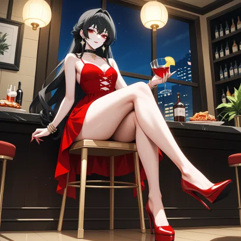 1 girl, scene of a luxury restaurant, night time , pale white skin , dark red eyes ,black long hair, small breasts, small waist ,big thighs,Wear a long black red velvet dress,Diamond or white gold earrings,High-heeled, pointed,สร้อยคอที่มีจี้สไตล์Anime, An...