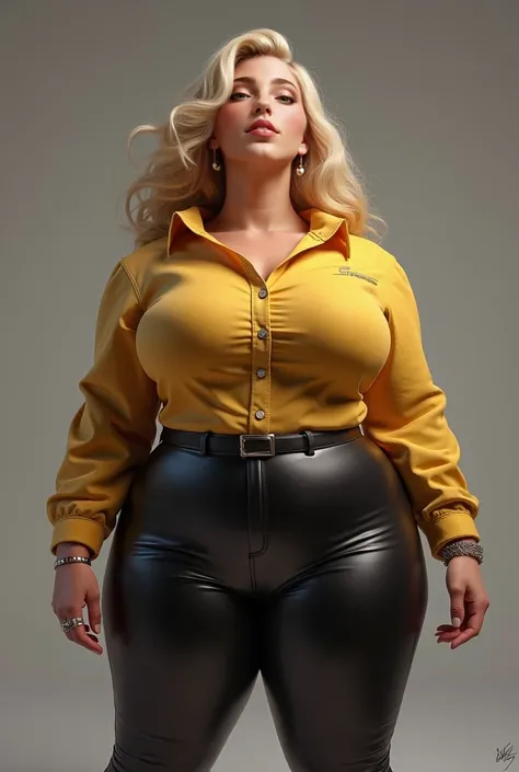 Powergirl from DC with huge chest, in tight button-shirt and with large hips on tight leather pants, make her face exactly like this i send you, mąkę her ass huge, and make her aroused