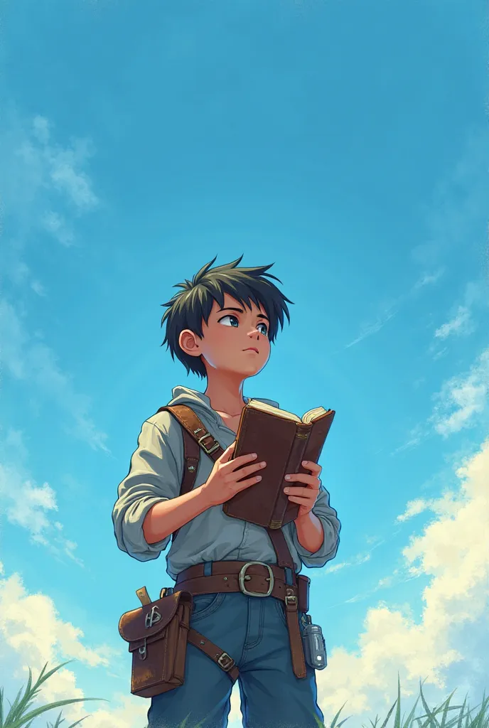 a young adventurer holding a book and looking at the sky, anime styles, blue cool colour backgrounds, 