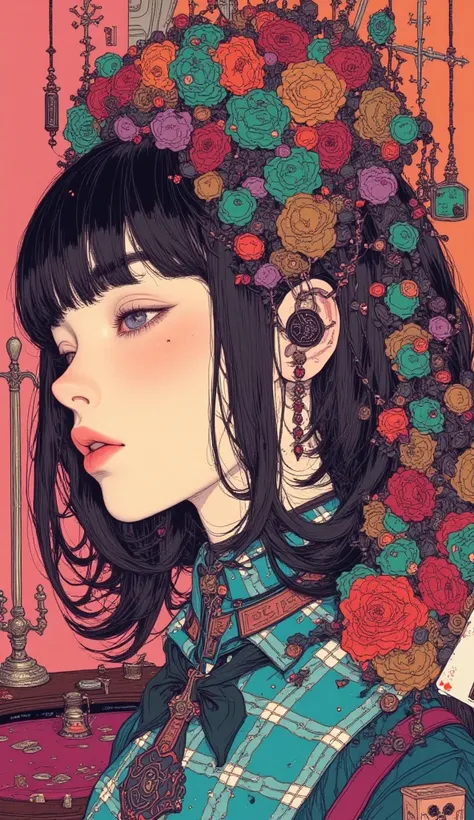 Long and short hair in random colors   ,    collar and bow tie  ,   feminine gothic aesthetics    , Close up details, Detail shot,    with clear details  ,   Artilove blow style      , Silkscreen Art   ,     check shirt  ,   Extra Fine Ink details   ,     ...