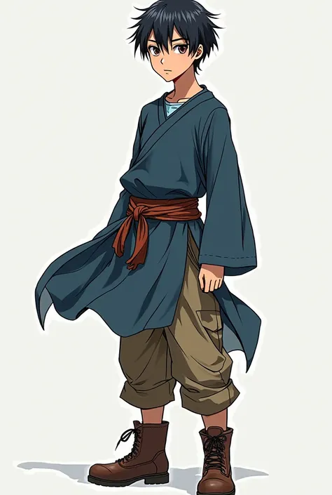 Blue lock's Nagi seishiro wearing a slate blue tunic cinched at the waist with a leather belt, brown cotton trousers, and sturdy boots. 