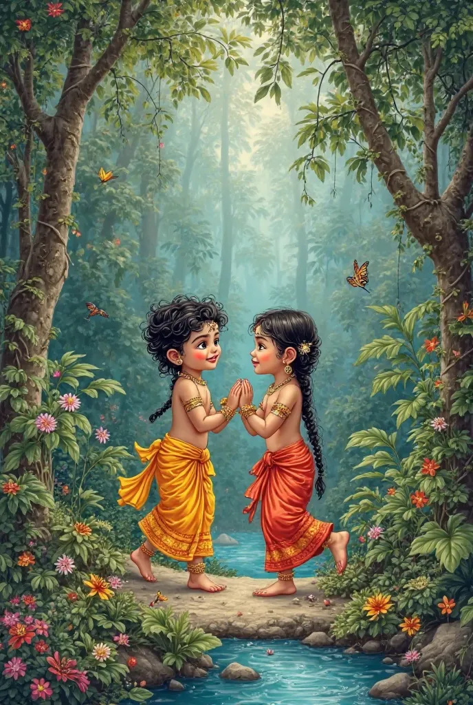 Little krishna and little Radha playing in jungle 