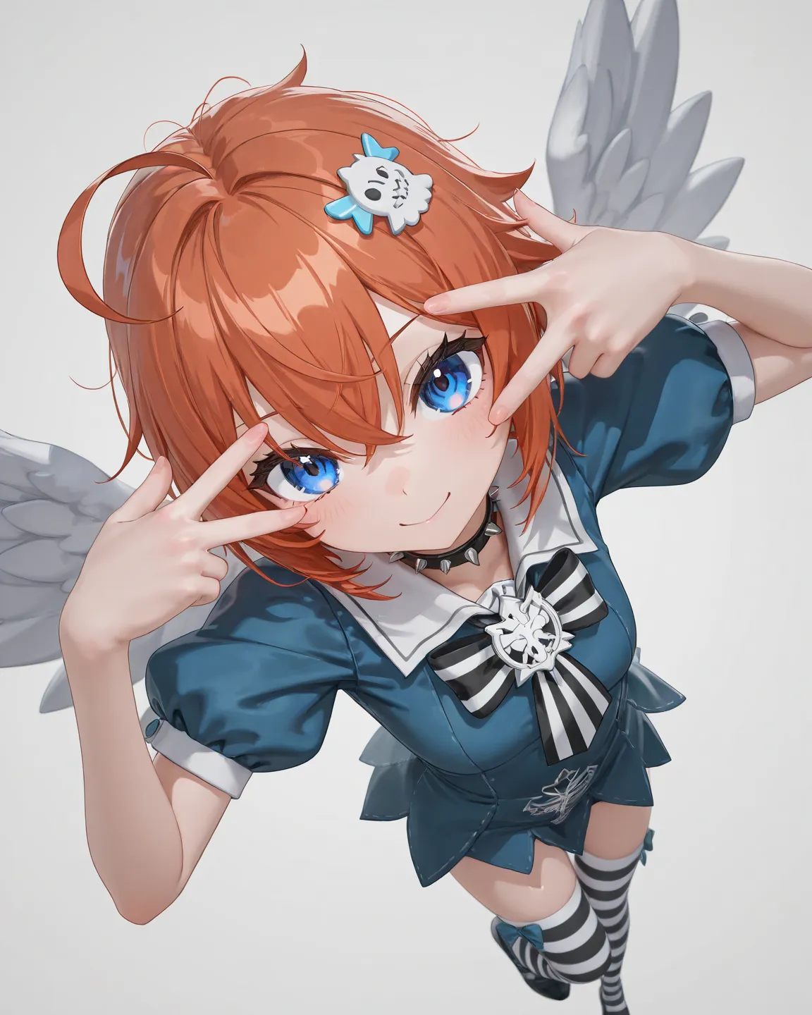 1girl,cute,kawaii, blue eye, big eye,beautiful shiny eye, messy hair, red hair, ahoge, short dress, blue dress, puffy outfit, puffy sleeves, angel wings, blue and white striped bow tie, (pumkin emblem on tie), spiked choker, thigh high socks, striped sock,...