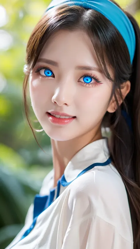 (8k), (masterpiece: 1.5), (professional photograph: 1.2), (natural sun light), (soft shadow), (1 girl), (Ultra-detailed face and skin), Perfectly proportioned face, (blue contact lens eyes: 1.5), double eyelids, glossy eyes, high nose bridge, blush, small ...