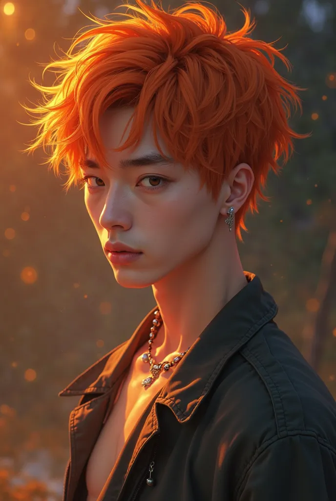 ((RAW Photo), absurd, (absurdresolution)), masterpiece, best quality, (Extremely detailed 8k unity CG wallpaper), (best illustration), (best Shadow) Handsome detailed glow, ((24 years old)), man, orange tousled hair, 2025 Korean manhwa style, lean muscular...