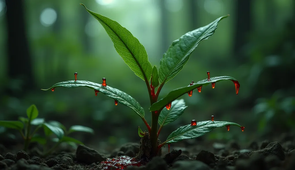 There is a green plant in which blood is being poured instead of water and that plant is in a forest, there are small drops of blood on the plant and there are real  ghosts on them, the background is slightly scary like blood.