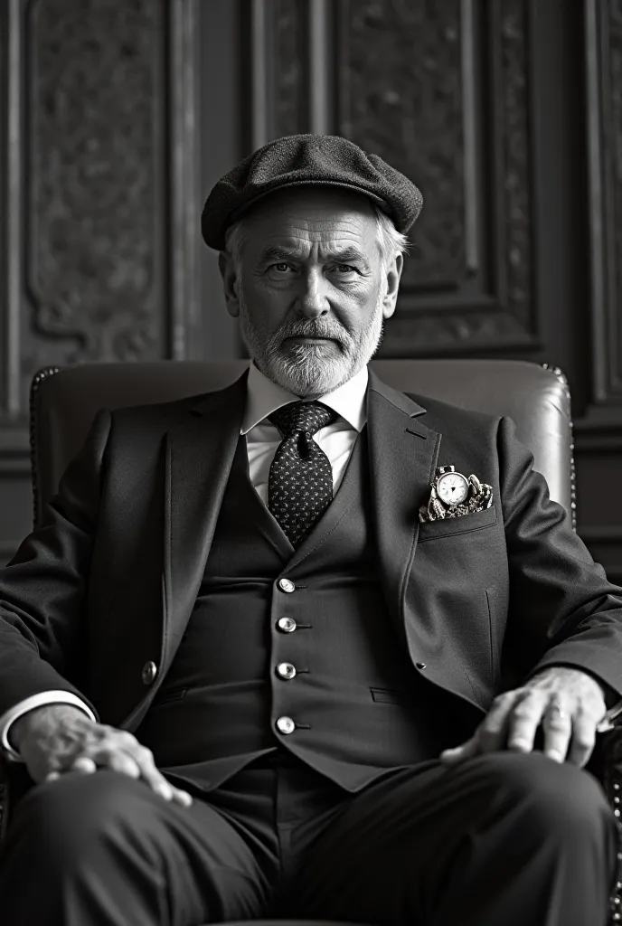 Create a middle-aged man in a suit with a pocket watch, gordo, confident and arrogant expression, Wealthy and beretted man sitting in his chair in a mayor's office. In black and white