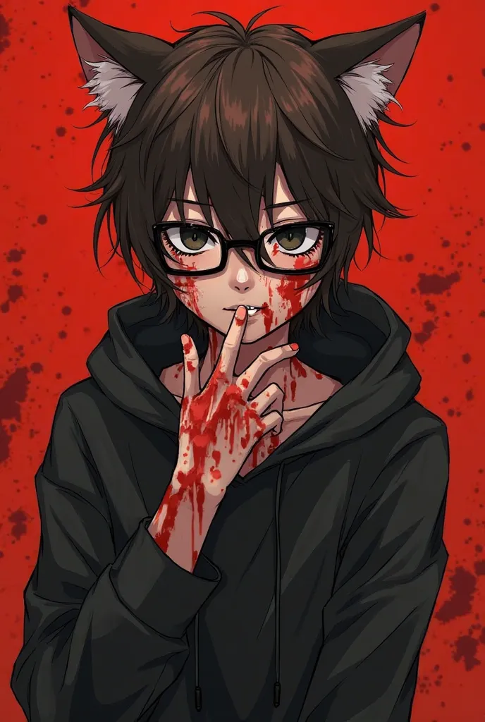 The image is an anime or manga style illustration with a dark and sinister tone. Show a character with dark brown and disheveled hair, black eyes and square glasses, He's wearing a black hoodie. His expression seems cold or tired. His face and hand are sta...