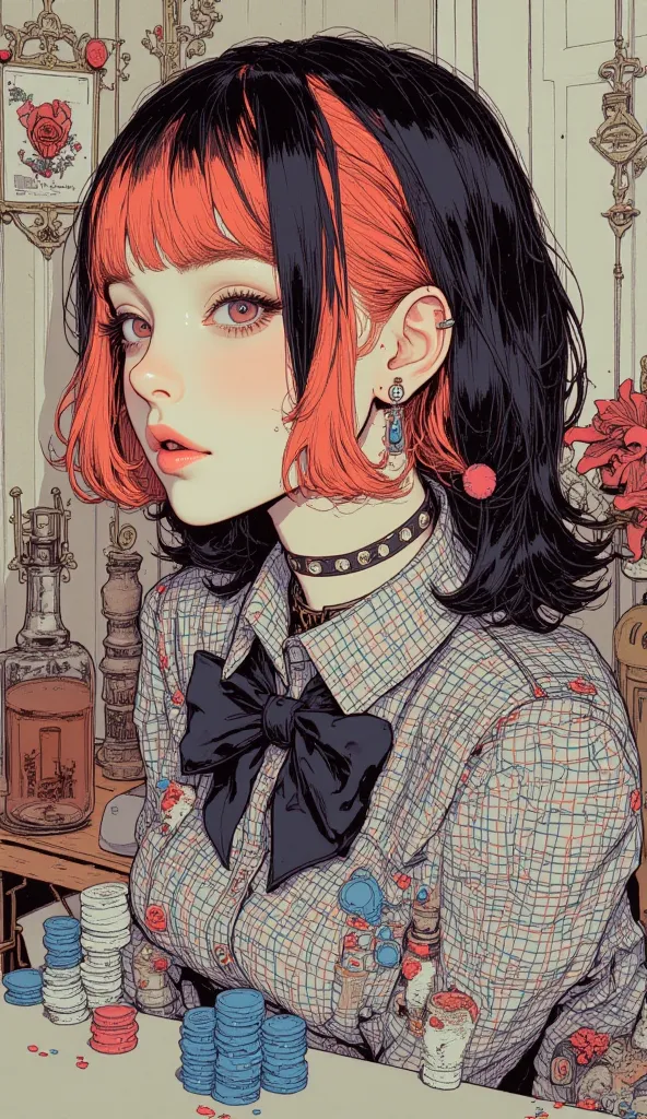 Long and short hair in random colors   ,    collar and bow tie  ,   feminine gothic aesthetics    , Close up details, Detail shot,    with clear details  ,   Artilove blow style      , Silkscreen Art   ,     check shirt  ,   Extra Fine Ink details   ,     ...