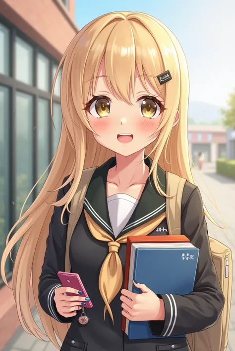 Realistic anime style girl, with very light and long blond hair, your bangs are short,  she is at school , smiling and holding your books. your eyes are long,  her nails are colored. She has her cell phone, backpack, all decorated with a cute keychain. You...