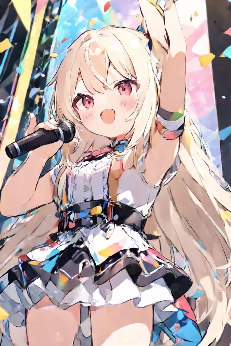 1 girl, long blonde hair, crossed bangs, big droopy brown eyes, blush, laughing,
idol costume, singing, dancing, on idol stage, cowboy shot, from below,
holding microphone, arm up, colorful many confetti, sparkles, colorful stage lights,
pastel, (masterpie...