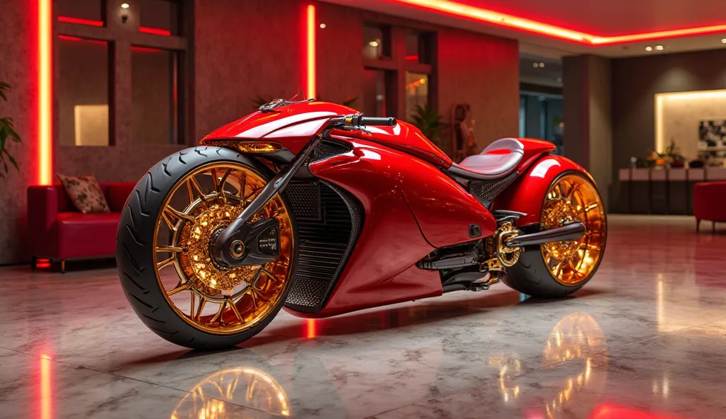 "A high-performance Porsche anti-gravity bike with an aggressive yet elegant design, finished in a striking Crimson Red with gold-plated trim. Its powerful, streamlined body features large, full hover tires engineered for high-speed levitation. The glowing...