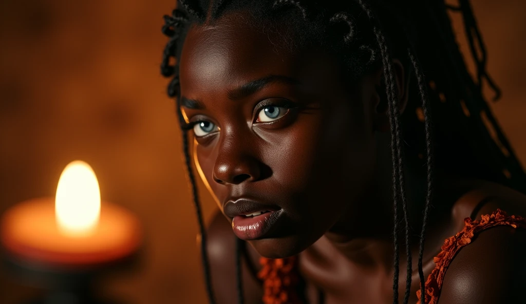 In the night Inside a dimly lit African hut.  Amanda,, an adolescent black girl, has high cheekbones, small nose, full lips, and a bright piercing blue eyes, face filled with fear and terror as she replies her father.

The background features warm underton...