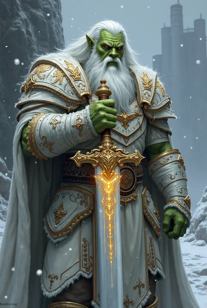 Vaelor, an imposing paladin orc with greenish skin, with long white hair and a thick beard, carries the weight of his curse in his wise eyes And determined. He wears magnificent white armor ornamented with gold details, reflecting his former glory and devo...