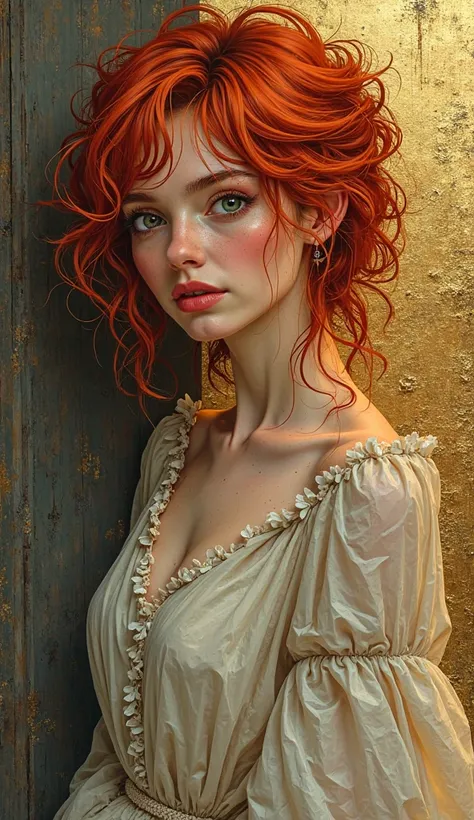 Portrait of a Lady with Red Hair
Pretty young woman with wild red hair, ultra-clear digital rendering that exudes the cartoonish yet sharp style of Ralph Steadman. Richly textured gold leaf details, abstract line art, pencil sketch, crumpled rice paper tex...