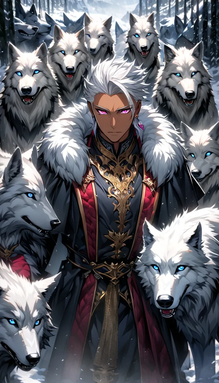 Ultra detailed, HDR, Highres, absurdres, master piece, Perfect Face, a handsome man in his mid 20s, nobility, handsome, long white hair with bangs, pink eyes, tan skin. Earring.Solo. blue and black clothes. Cold. Wolves.