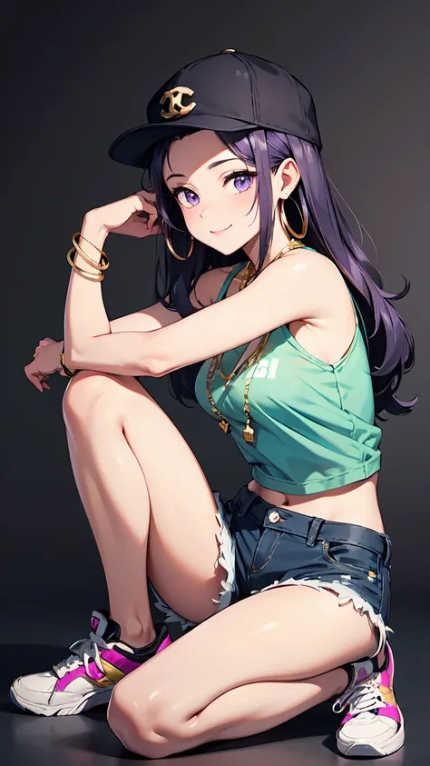 Pale purple forehead、long purple curly hair。 hip-hop style。hip hop cap hat Zigzag pattern tank top。green oversized shorts。hoop earrings、gold kihei necklace。Chanel bracelet、mature girl、Sneakers。Poses like a model with the whole body in。Sit shallowly。Side An...