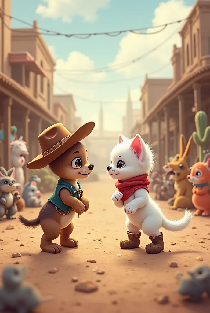 A white cowboy baby cat in a duel with a Chihuahua puppy in the west with many animals watching the duel