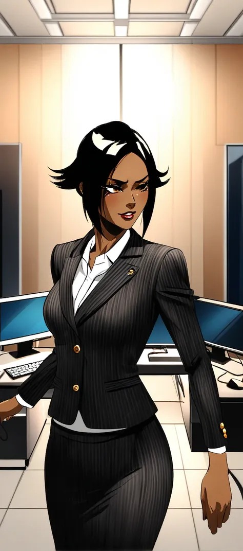 Thin Black business woman wearing a black pinstripe suit and pinstriped skirt on , golden buttons