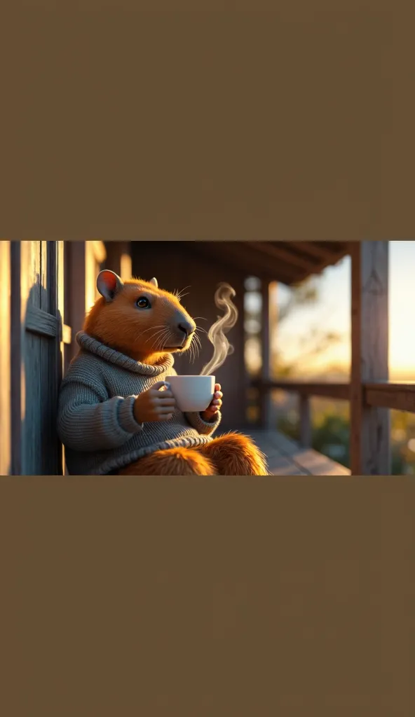 A hyper-realistic, cinematic scene of a small, orange, human-like capybara sitting on a wooden porch, holding a warm cup of coffee. The morning sun casts a golden glow, and soft steam rises from the cup. The capybara wears a cozy sweater, gazing at the hor...